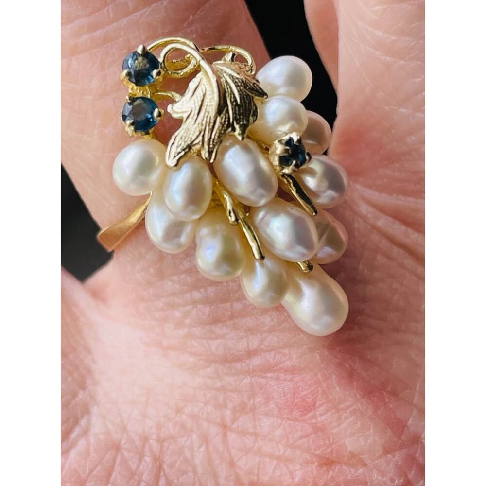 14K Gold pearl grape cluster ring with natural sapphires - Picture 2 of 4